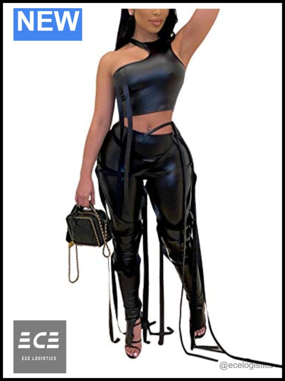 Sexy 2 Piece Outfit Sleeveless Tank Top Lace Up Split Bodycon Pants Set